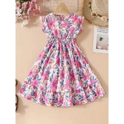 Kidotsav Girls Floral Printed Flutter Sleeve Smocked Fit & Flare Midi Dress-picture-15