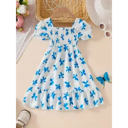 Kidotsav Girls Floral Printed Smocked Cap Sleeve Fit & Flare Dress image 1