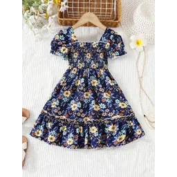 Kidotsav Girls Floral Printed Smocked Puff Sleeve Fit & Flare Dress-picture-10