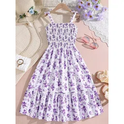 Kidotsav Girl's Floral Printed Square Neck Smocked Details Cotton Fit & Flare Maxi Dress-picture-17