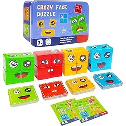 Kidoyz Crazy Face Puzzle Game, Wooden Building Blocks with Expression Cards, Educational Toy for Kids 3+, 16 Blocks and 72 Cards, Metal Box Packing-picture-34