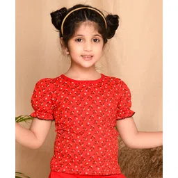 Kids Cave Half Sleeves Floral Printed Top - Red-picture-11