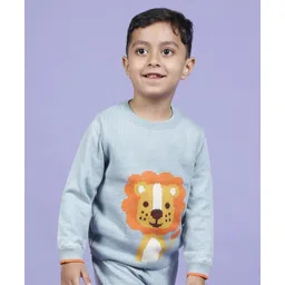 kids of greendeer Greendeer Full Sleeves Delighted Lion Design Detailed Jacquard 100% Cotton Sweater - Powder Blue & Orange-picture-13