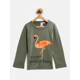 Kids On Board Girls Olive Green Printed Round Neck Pure Cotton T-shirt-picture-12