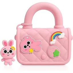 Kids Pink Silicon Handbag with Bunny Charm, Rainbow and Strawberry Design, 3D cartoon badges, Mini Travel, Portable & Cross Body, Stylish & Light weight-image-46
