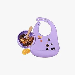 Kids Station 3 Piece BPA-Free Silicone Baby Feeding Set - Baby Bib - Spoon and Bowl - Make Mealtime Fun and Easy for Your Little One - for Infants + Toddlers - Baby Self Feeding Habit - Purple-picture-27
