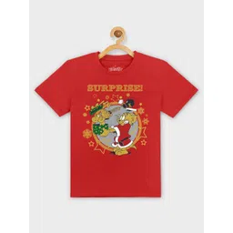 Kids Ville Boys Red Tom & Jerry Christmas Printed Applique T-shirt-picture-56