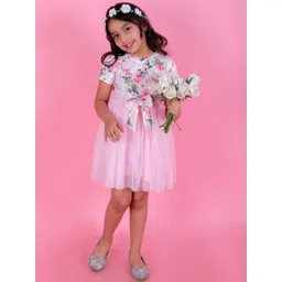 KidsDew Girls Floral Printed Round Neck Bow Detailed Net Fit & Flare Dress-picture-38