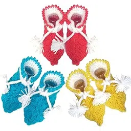 kidska KIDSKA® NewBorn Baby Woollen Socks/Hand Made Woolen Booties/Booties for NewBorn (Multicolor,0 to 6 Month) Set of 3 Pairs-picture-22