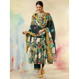 KIMAYRA Floral Printed Notch Neck Pure Cotton Anarkali Kurta With Trousers And Dupatta-picture-18