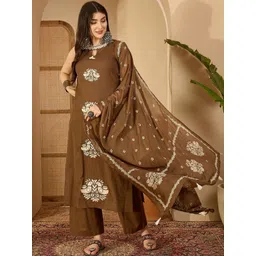 KIMAYRA Women Ethnic Motifs Embroidered Regular Thread Work Pure Cotton Kurta with Palazzos & With Dupatta-picture-17