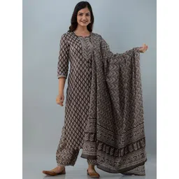 KIMAYRA Women Grey Ethnic Motifs Yoke Design Regular Pure Cotton Kurti with Trousers & With Dupatta-picture-34