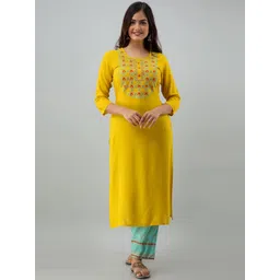 KIMAYRA Women Mustard Yellow Embroidered Pleated Kurti with Trousers & With Dupatta-picture-17