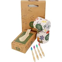 Kind of Earthy Eco Junior Gift Pack, Sustainable Gift Set for kids bathroom, 4 Bamboo Toothbrush, 2 BamboomTissue Roll, 1 facial tissue box (7 pieces)-picture-17