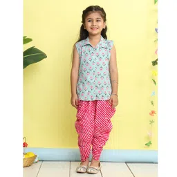 Kinder Kids Cotton Woven Sleeveless Leheriya & Floral Printed Kurti & Dhoti Set - Green & Pink-picture-29