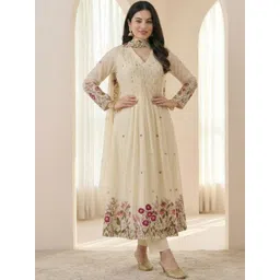 KINDHA Women Floral Embroidered Panelled Thread Work Pure Silk Kurta with Trousers & With Dupatta-picture-12