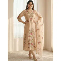 KINDHA Women Floral Embroidered Regular Thread Work Pure Silk Kurta with Trousers & With Dupatta-picture-16