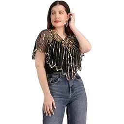 King fashion Women Hand Beaded Embellished V-Neck Poncho Cape for Women, Floral Pattern Loose Capelets Dress shoulder, Beachwear Ponchos Capes (Gold & Black)-picture-54