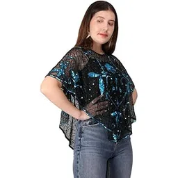 King fashion Women Shawl Sequin Embroidered Floral Shawl Poncho Cape for Women Evening Dress, Embellished Floral Pattern Loose Capelets shoulder Hand Beaded (Blue-Black)-picture-33