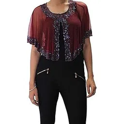 King Fashion Women Sleeves Poncho Net with Bead Embroidery Cut Shoulder Round Neck-picture-25