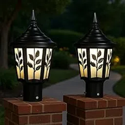 Kinis Leaf Pattern Design and Black Metal Finish Pillar Light for Outdor Gate light for home gate/Gate lamps for outdor waterprof/Pillar Lights for Outdor for Boundaries, Pack of 2 (Bulb Not Included)-picture-10