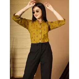 Kinjo Floral Print Mandarin Collar Flared Sleeve Ruffles Cotton Top-picture-30