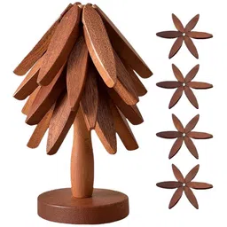 kinzilla Wooden Tree Trivet 5Pcs Set for Hot Dish & Teapots Foldable Stacking Tree Shaped Glossy Trivet-picture-11