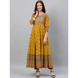 kipek Women Mustard Yellow & Pink Floral Printed A-Line Kurta with Back Tie-Ups-picture-41