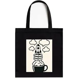kirmada Black Cotton Tote Bag Book Rocket Launch for Women & Men with Printed A4 Pocket | Books & Coffee Quote | Stylish Canvas Tote for College, Work, Gifting| Zipper, 100% Cotton, Washable-picture-29