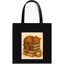 kirmada Black Cotton Tote Bag for Women, Cat Napping, with Printed A4 Pocket | Books & Coffee Quote | Stylish Canvas Tote for College, Work, Gifting| Zipper, 100% Cotton, Washable-picture-35