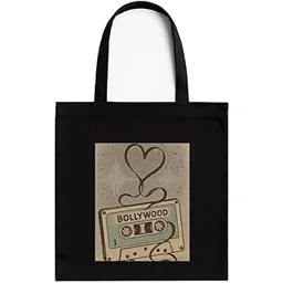 kirmada Bollywood Cassette Heart Black Cotton Tote Bag with A4 Printable Pocket, Bollywood Meme Print, Zipper Closure, Trendy Eco-Friendly Shoulder Bag for Pop Culture Fans-picture-44
