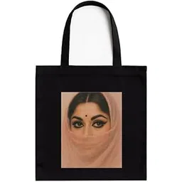kirmada Bollywood Eyes Black Cotton Tote Bag with A4 Printable Pocket, Bollywood Meme Print, Zipper Closure, Trendy Eco-Friendly Shoulder Bag for Pop Culture Fans-picture-41