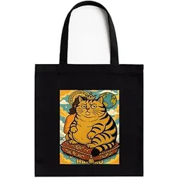 kirmada Boss Cat Black Cotton Tote Bag with A4 Size Printed Pocket for Pet Lovers, Zipper Closure, Eco-Friendly Washable Cloth Bag for Animal Lovers-picture-15
