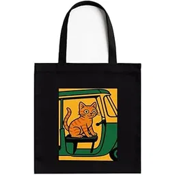 kirmada Cat In Autorickshaw Black Cotton Tote Bag with A4 Size Printed Pocket for Pet Lovers, Zipper Closure, Eco-Friendly Washable Cloth Bag for Animal Lovers-picture-53
