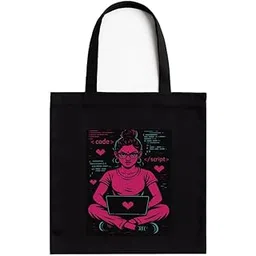 kirmada Code Like A Girl Gamer Quote Tote Bag for Tech Lovers | Black Cotton A4 Size Tote Bag with Zip for School, Office & Daily Use | 16x14 Inch | Geek Gift for Gamers-picture-50