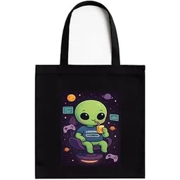 kirmada Cute Alien Gamer Gamer Quote Tote Bag for Tech Lovers | Black Cotton A4 Size Tote Bag with Zip for School, Office & Daily Use | 16x14 Inch | Geek Gift for Gamers-picture-51
