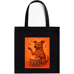 kirmada Dog Drumming Delight Black Cotton Tote Bag with A4 Size Printed Pocket for Pet Lovers, Zipper Closure, Eco-Friendly Washable Cloth Bag for Animal Lovers-picture-34