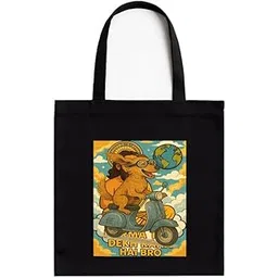 kirmada Dog On Scooter Black Cotton Tote Bag with A4 Size Printed Pocket for Pet Lovers, Zipper Closure, Eco-Friendly Washable Cloth Bag for Animal Lovers-picture-38