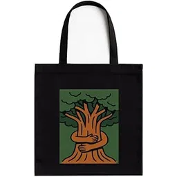 kirmada Embrace The Banyan Eco-Friendly Cotton Tote Bag with Zip | Say No to Plastic Print | Reusable Black Bag with White Pocket | 16x14 inch | for Office, College, Daily Use-picture-48