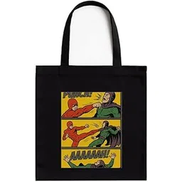 kirmada Epic Comic Battle Black Cotton Tote Bag with A4 Printable Pocket, Bollywood Meme Print, Zipper Closure, Trendy Eco-Friendly Shoulder Bag for Pop Culture Fans-picture-20