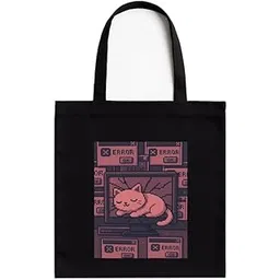 kirmada Kawai Cat Crash Gamer Quote Tote Bag for Tech Lovers | Black Cotton A4 Size Tote Bag with Zip for School, Office & Daily Use | 16x14 Inch | Geek Gift for Gamers-picture-56