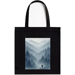 kirmada Misty Mountain Stroll Eco-Friendly Cotton Tote Bag with Zip | Say No to Plastic Print | Reusable Black Bag with White Pocket | 16x14 inch | for Office, College, Daily Use-picture-18