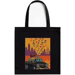 kirmada Mumbai Taxi Dreams Black Cotton Tote Bag with A4 Printable Pocket, Bollywood Meme Print, Zipper Closure, Trendy Eco-Friendly Shoulder Bag for Pop Culture Fans-picture-54