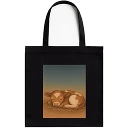 kirmada Peaceful Calf Response Black Cotton Tote Bag with A4 Size Printed Pocket for Pet Lovers, Zipper Closure, Eco-Friendly Washable Cloth Bag for Animal Lovers-picture-42