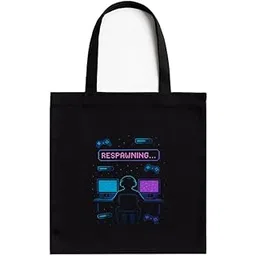 kirmada Pixel Respawn Mode Gamer Quote Tote Bag for Tech Lovers | Black Cotton A4 Size Tote Bag with Zip for School, Office & Daily Use | 16x14 Inch | Geek Gift for Gamers-picture-24