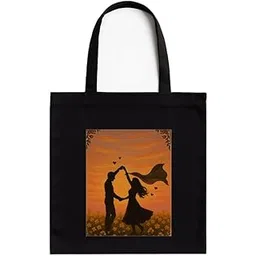 kirmada Romantic Field Dance Black Cotton Tote Bag with A4 Printable Pocket, Bollywood Meme Print, Zipper Closure, Trendy Eco-Friendly Shoulder Bag for Pop Culture Fans-picture-10