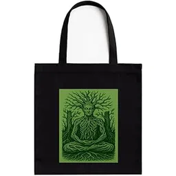 kirmada Rooted Meditation Eco-Friendly Cotton Tote Bag with Zip | Say No to Plastic Print | Reusable Black Bag with White Pocket | 16x14 inch | for Office, College, Daily Use-picture-25