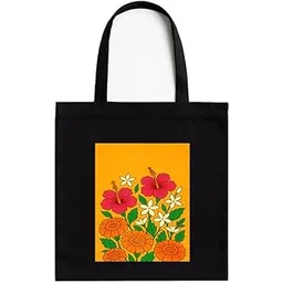 kirmada Vibrant Floral Burst Eco-Friendly Cotton Tote Bag with Zip | Say No to Plastic Print | Reusable Black Bag with White Pocket | 16x14 inch | for Office, College, Daily Use-picture-11
