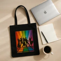 kirmada Retro Bollywood Dance Black Cotton Tote Bag with A4 Printable Pocket, Bollywood Meme Print, Zipper Closure, Trendy Eco-Friendly Shoulder Bag for Pop Culture Fans image 3