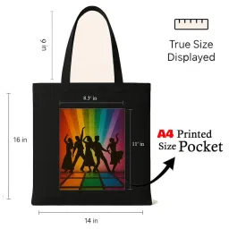 kirmada Retro Bollywood Dance Black Cotton Tote Bag with A4 Printable Pocket, Bollywood Meme Print, Zipper Closure, Trendy Eco-Friendly Shoulder Bag for Pop Culture Fans image 2